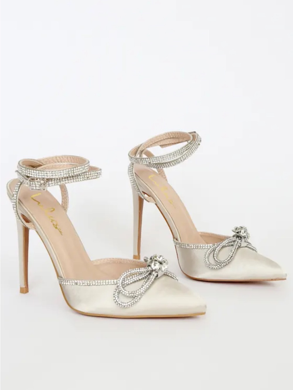 Lulus Lullie White Satin Rhinestone Ankle Strap Pointed-Toe Pumps